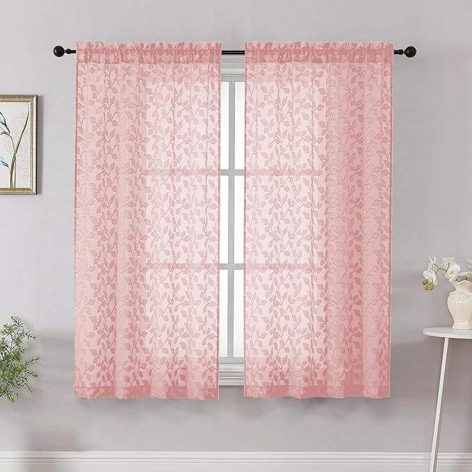Chyhomenyc Blush Pink Short Curtains 45 Inch Length 2 Panels, Light Filtering Leaf Textured Window Curtain Panels for Bedroom Living Room, Elegant Rod Pocket Farmhouse Curtains, 30" Wx45 L, 2 PCS