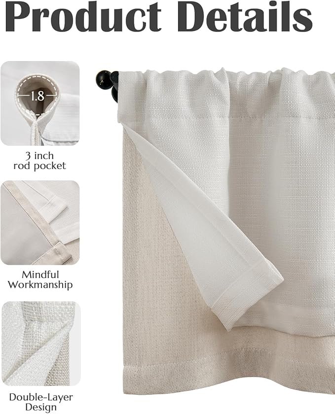 jinchan Curtain Light Filtering Kitchen for Living Room Bedroom Small Windows Valance 18 Inch Double Layer Farmhouse Window Rustic Overlay Rod Pocket 1 Panel Ivory