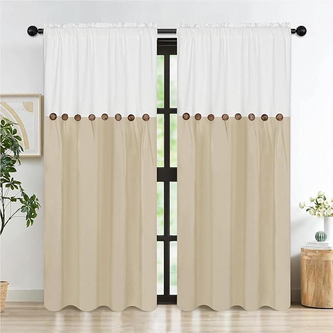 FRAMICS Farmhouse Cotton Linen Curtains for Living Room, Boho Button Curtains 84 Inch Length 2 Panels, Rustic Country Linen Window Curtain for Bedroom Rod Pocket Drapes, 52 x 84 Inch, White and Linen