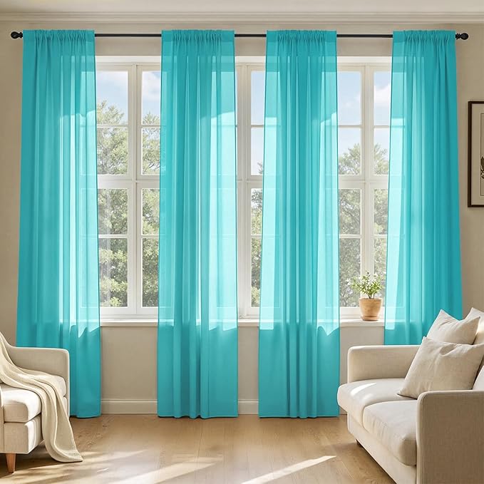 MIULEE Turquoise Sheer Curtains 84 Inches Long, 4 Panels Set, Light Filtering Rod Pocket Voile Drapes for Living Room and Bedroom, Airy Soft Fabric Window Treatments, 42 x 84 Inches