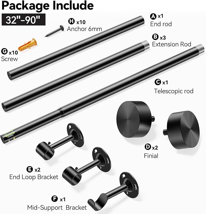 YaFex Heavy Duty Curtain Rods 32-90 Inch, 1 Inch Adjustable Black Curtain Rod for Windows, Long Window Treatment Rods with Aluminium Finials, Easy Installation