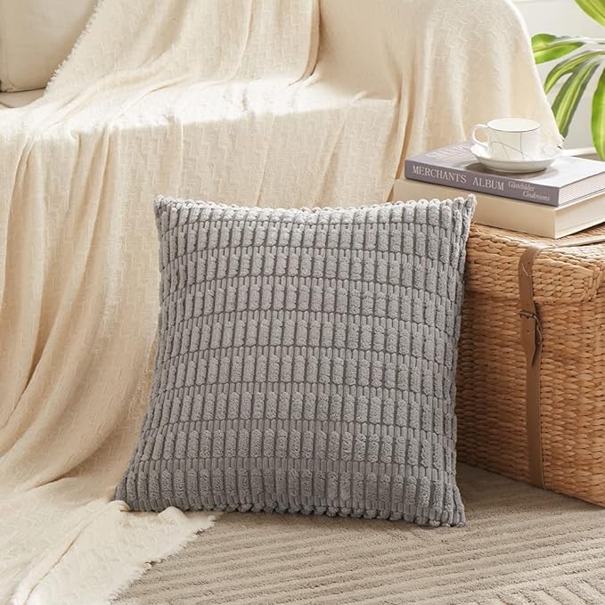 Fancy Homi 4 Packs Grey Decorative Throw Pillow Covers 22x22 Inch for Living Room Couch Bed, Rustic Modern Farmhouse Boho Home Decor, Soft Plush Corduroy Gray Cute Square Accent Cushion Case 55x55 cm