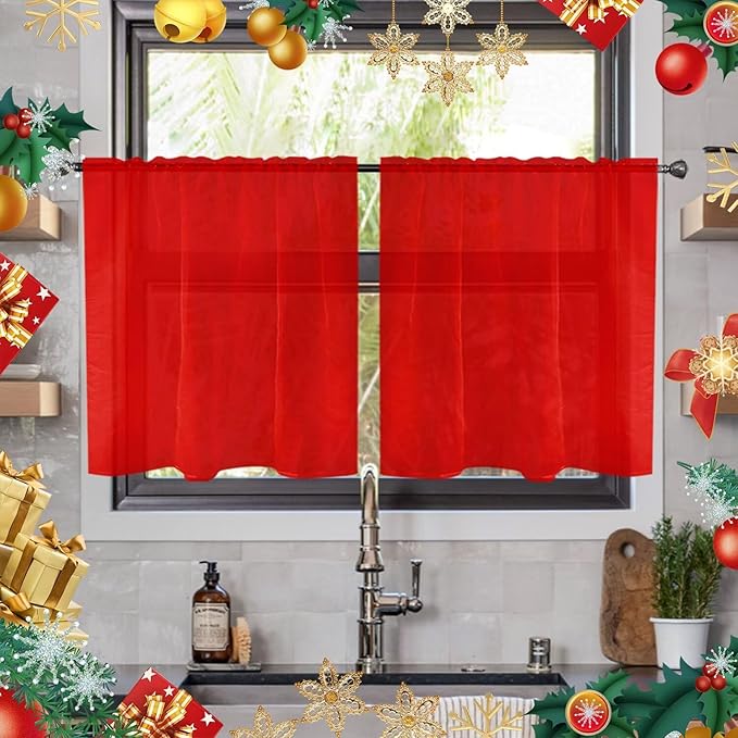 youleyar Solid Sheer Rod Pocket Curtain Voile Draperies 2 Panels White Beige Black Ivory Grey 26 Inch Width 30 Inch Long 1 Pair for Kitchen Bedroom Children Living Room Yard(Red,26W x 30L)