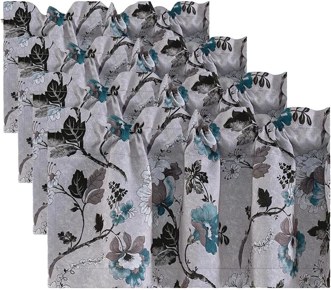 H.VERSAILTEX Blackout Curtain Valances for Kitchen Window/Living Room/Bathroom Privacy Added Rod Pocket Home Decoration Winow Valance, 52" W x 18" L, Floral in Grey and Teal (Pack of 4)