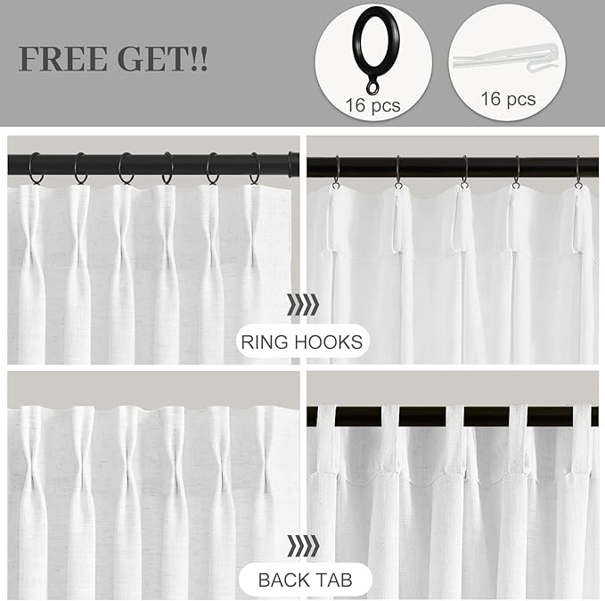IVAPUPU Snow White Pinch Pleated 84 Inch Curtains for Living Room, Semi Sheer Privacy Linen Blend Curtain Modern Memory Trained Back Tab Drapes with Rings Hooks for Bedroom Office, 2 Panels, W40xL84