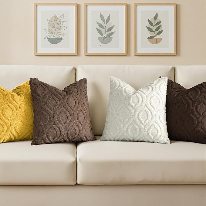 decorUhome Throw Pillow Covers 16x16 Inch Set of 2, Soft Plush Faux Wool Brown Solid Couch Pillow Covers, Accent Farmhouse Neutral Square Pillow Cases for Sofa Bed Living Room