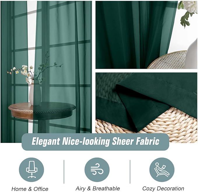 Green Sheer Curtains 63 Inch Length 2 Panels, Soft Voile Sheer Curtains for Christmas, Breathable Light Filtering Window Treatments, Dual Rod Pocket Panels, Hunter Green, 2x42Wx63L Inches