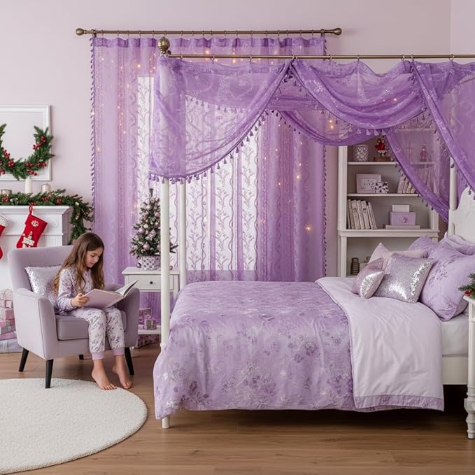 WAZZIO Boho Lace Curtains 84 Inch 2 Panels -Sheer Panel Drape Floral Pattern & Tassel Light Filtering Privacy for Bedroom Dining Living Room,Lilac Girl Women House Decor,Lavender Purple,W52 x 84L