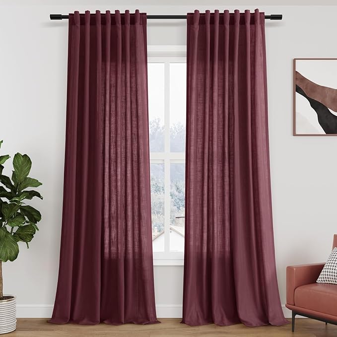 Nanspring Burgundy Linen Curtains for Living Room 98 Inches Long Light Filtering Semi Sheer Curtain Back Tab Vintage Boho Decor Elegant Luxury Drapes for Bedroom Dinner Room 52x98, 2 Panels