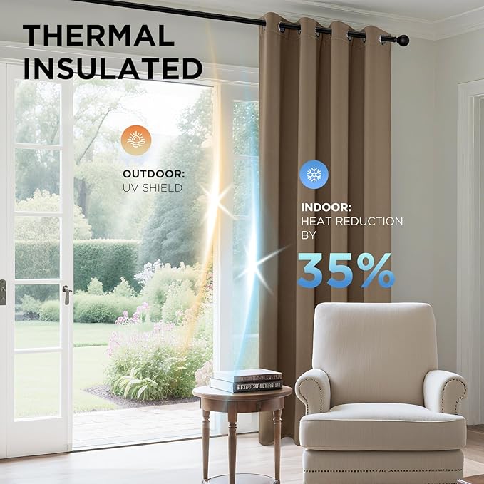 Joydeco Blackout Curtains 95 Inches Long 1 Panel, Thermal Insulated Long Curtains& Drapes 1 Piece, Room Darkening Grommet Drapes for Living Room Bedroom Window (W70 x L95 Inch, Khaki)