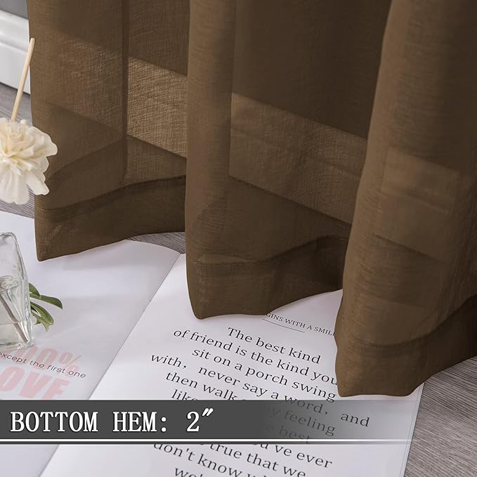 Tollpiz Short Sheer Curtain Linen Textured Bedroom Curtains Sheer Light Filtering Rod Pocket Voile Curtain for Living Room, 54 x 54 inches Long, Brown, Set of 2 Panels