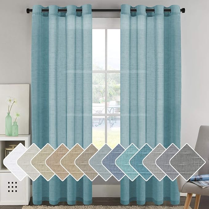 Elegant Natural Linen Curtain Panels Energy Efficient Semi - Sheers Linen Curtains/Nickel Grommet Window Treatments Panels for Patio Glass Door/Balcony (Set of 2, Turquoise, 52"W x 96"L)