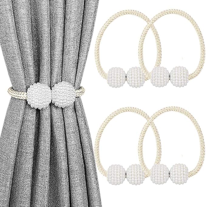 Melaluxe 4 Pack Magnetic Curtain Tiebacks, Decorative Curtain Holdbacks for Window Décor (Beige)