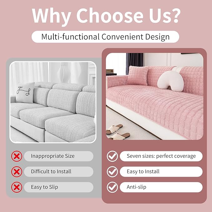 Velvet Couch Cover, Washable Sectional Sofa Cover, Anti Slip Sofa Slipcover for 3 Cushion Couch Sofa L Shaped Armrest Backrest, Furniture Protector Covers for Pets Kids(1PC,Pink,36"×71")