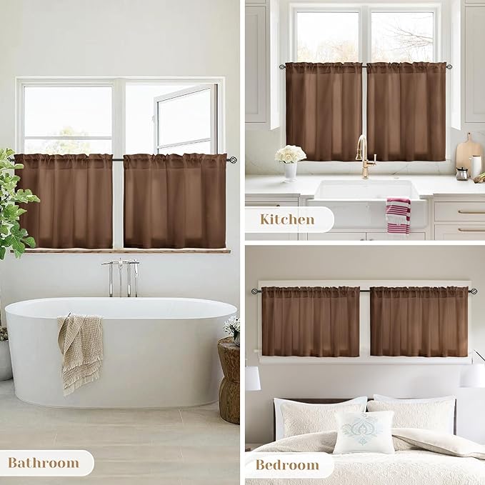 HOMEIDEAS Non-See-Through Brown Privacy Sheer Kitchen Curtains, 30 X 24 Inches Long 2 Panels Short Sheer Curtains Light Filtering Bathroom Window Drapes for Bedroom Living Room