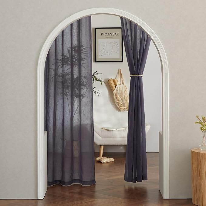 NICETOWN Faux Flax Linen Sheer Curtains for Living Room, Grommet Vertical Semi Sheer Curtains & Drapes Privacy with Light Filtering for Villa/Cottage, W52 x L96, Purple Brown, 1 Pair