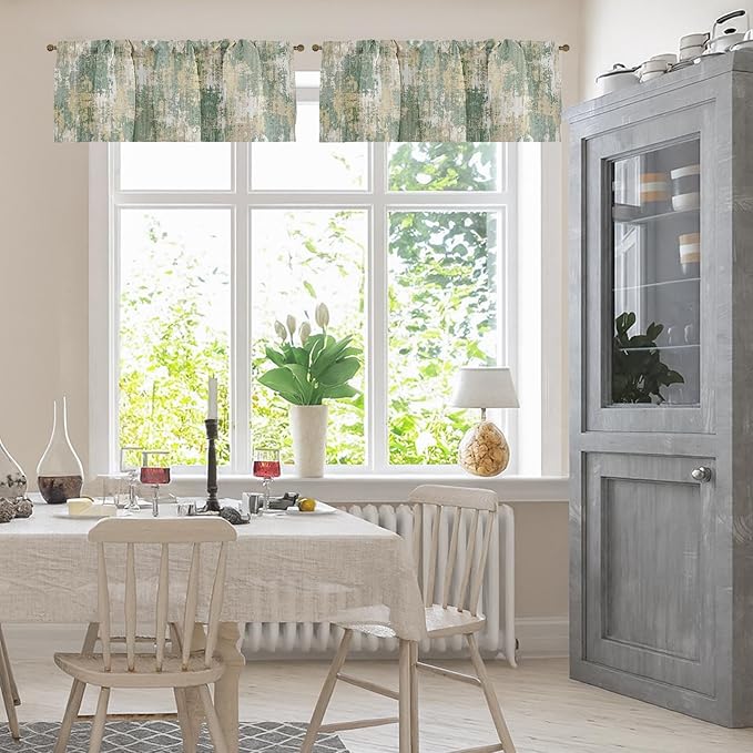 Emvency 4 Pack Valances Window Treatments, Abstract Sage Rustic Vintage Drapes Adjustable Curtain for Windows Living Room Kitchen Over Sink, 52x18 Inch Rod Pocket Valances