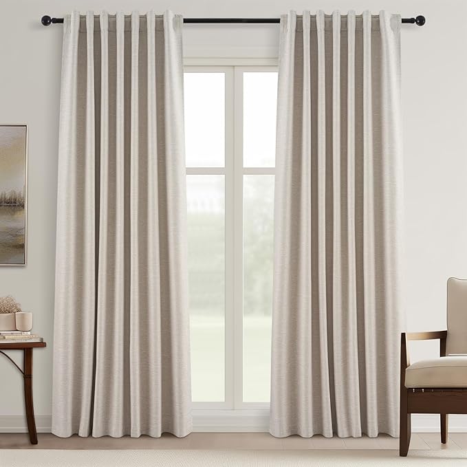 Topfinel 105 Inches Long Blackout Natural Linen Curtains for Bedroom, Rustic Brown Pinch Pleat Sound Blocking Curtains, Neutral Farmhouse Lined Drapes 2 Panels for Living Room Sliding Door