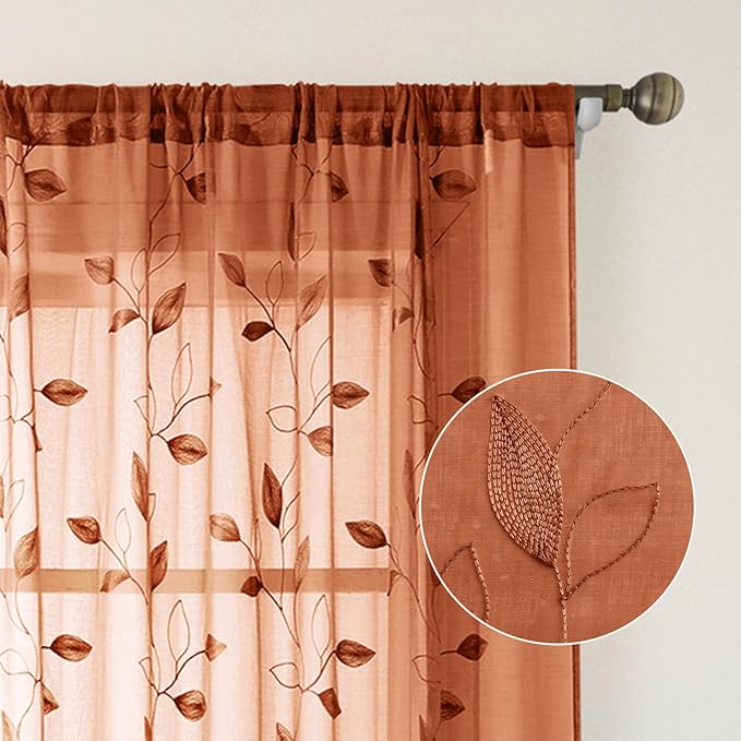 HOMEIDEAS Fall Burnt Orange Sheer Kitchen Curtains 52 x 45 Inch Length 2 Panels Embroidered Leaf Pattern Short Curtains for Bedroom Half Small Window Rod Pocket Tiers