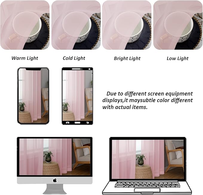Chyhomenyc Sheer Valances for Windows, Small Window Curtains for Living Room Bathroom Laundry Basement, Modern Dual Rod Pocket Voile Valance Curtain, 42W x 14L inches, 2 Pcs, Blush Pink