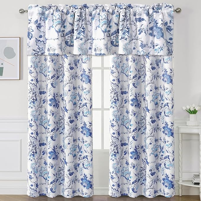H.VERSAILTEX Blackout Curtain Valances for Kitchen Window/Living Room/Bathroom Privacy Added Rod Pocket Home Decoration Winow Valance, 52" W x 18" L, Flroal in Blue and White (Pack of 4)