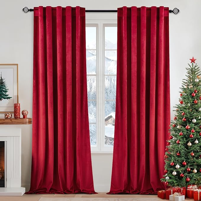 MIULEE Velvet Curtains 90 inches - Luxury Blackout Curtains for Bedroom Living Room Thermal Insulated Super Soft Window Drapes Rod Pocket & Back Tab Christmas Decor, Red, W52 x L90 inches, 2 Panels