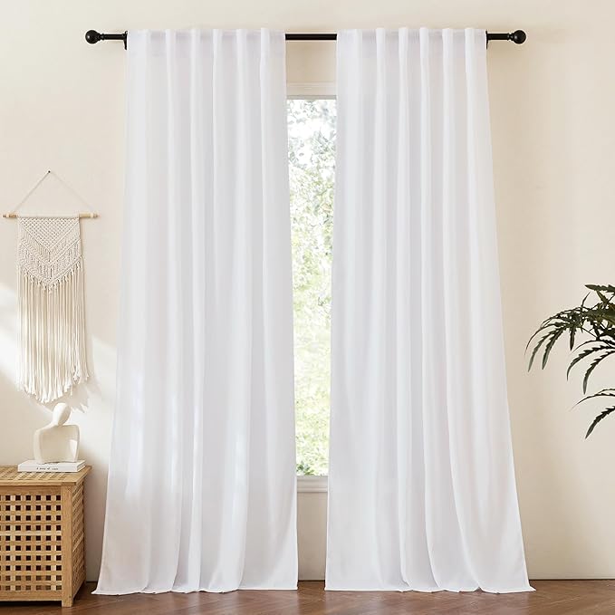 RYB HOME Extra Long Linen Sheer Curtains 108 inches Long, White Aesthetic Light Filtering Airy Half Privacy Floor Sweeping Draperies for Sunroom, W 52 x L 108 inches, 2 Pcs