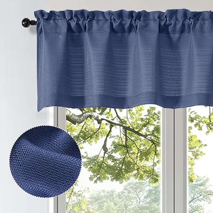 OWENIE Bob Valance Curtains 18 Inch Length 1 Piece, Faux Linen Slub Solid Blue Kitchen Valance for Bedroom Living Room, Farmhouse Soft Airy Rod Pocket Small Window Curtain, Each 60Wx18L Inch