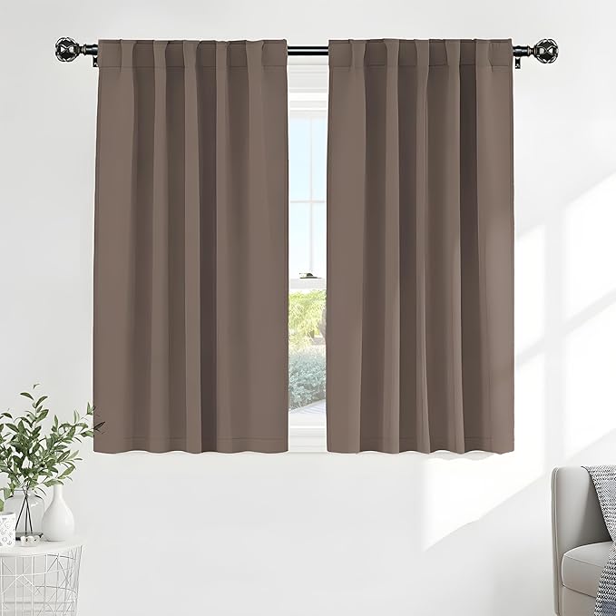 PONY DANCE Kitchen Curtains 45 Long - Window Drapes Light Filter Short Panels for Bathroom Easy Install with Back Tab & Rod Pocket Top, W 52 x L 45 Inches, Mocha, Double Panels