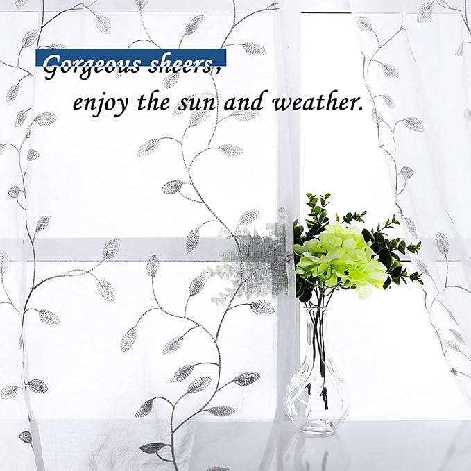 MRTREES Sheer Voile Curtain Valances 2 Panels, Leaves Embroidered Valance Curtains Rod Pocket, Small Sheer Window Curtains Treatment for Bedroom/Living Room/Kitchen/Basement(Grey Leaves, 54x16 Inches)