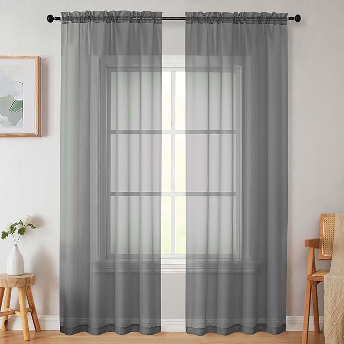 Sheer Grey Curtains for Bedroom Living Room 90 Inches Long 2 Panels Set, Soft Airy Light Filtering Sheer Window Treatments, Modern Rod Pocket Curtains Drapes, Each 42" Wx90 L Inch