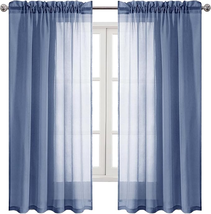 DWCN Sheer Curtains Semi Transparent Voile Rod Pocket Curtains for Bedroom and Living Room, Dusty Blue, 52 x 63 inches Long, Set of 2 Panels
