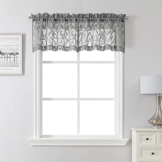 Lecloud Leia Charcoal Grey Sheer Curtains 16 Inch Length 2 Pcs, Jacquard Leaf Textured Short Kitchen Curtains Valances for Windows, Dual Rod Pocket Drapes for Cafe Bathroom, Each Panel 28" W x 16" L