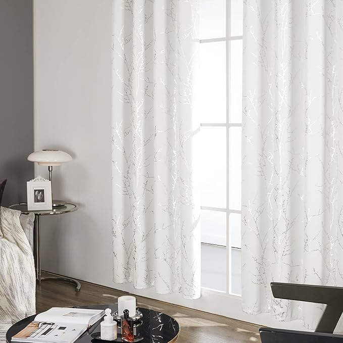 Deconovo White Curtains, Room Darkening Curtain, Thermal Insulated & Noise Reducing Drapes, Silver Branch Pattern, 52 x 108 Inch Long, Grommet Panels for Bedroom Living Room Office Nursery, Set of 2