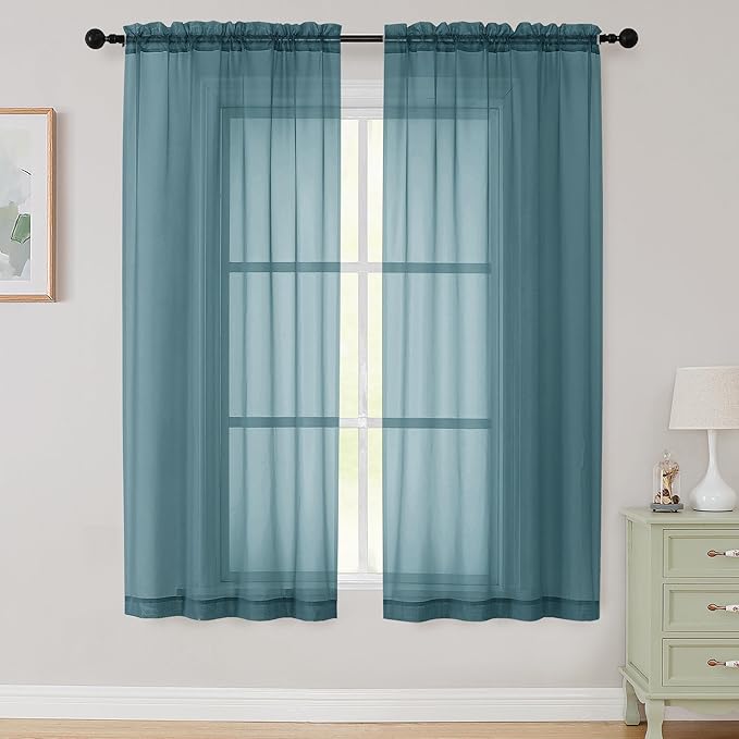 Sheer Dusty Blue Curtains for Bedroom Living Room 63 Inch Length 2 Panels, Airy Soft Light Filtering Sheer Dining Room Curtains, Modern Rod Pocket Drapes, Dusty Blue, Each 42" Wx63 L Inches