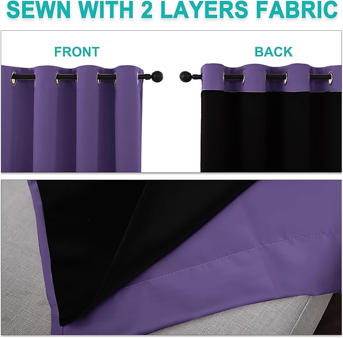 NICETOWN 100% Blackout Blinds, Set of 2, 52 inches x 120 inches, Laundry Room Decor Window Treatment Curtains for Large Patio Sliding Door, Thermal Insulated Lilac Purple Curtains for Bedroom