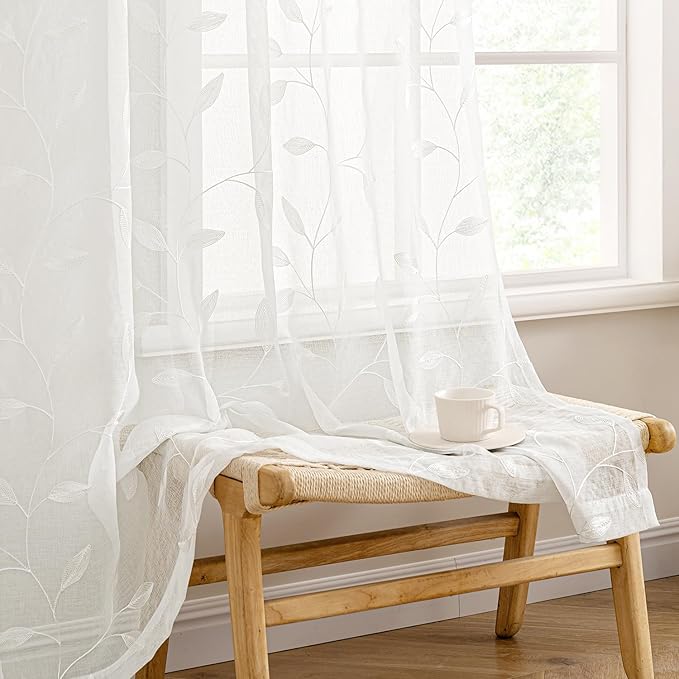 MIULEE Ivory Sheer Curtains 2 Panels Embroidered Leaf Patterned Rod Pocket Floral Semi Sheer Faux Linen Window Curtains Drapes Set for Living Room Bedroom Dining Room, 52x63 Inches Long