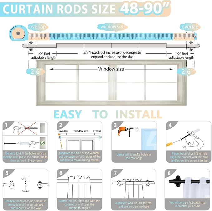TVWOO Wrap Around Curtain Rods,Black Curtain Rods 48 to 84 Inch,5/8 Inch Adjustable Blackout Curtain Rod Set,Room Darkening Single Window Rod,Metal Thicken Hidden Curved Drapery Rod 48-90",Matte Black