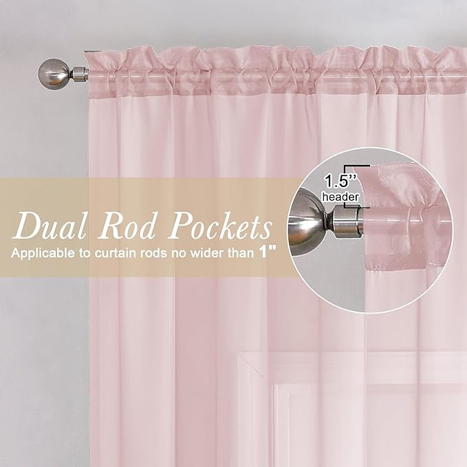 Lecloud Blush Pink Sheer Curtains 120 Inches Long 2 Pcs, Rod Pockets Voile Living Room Curtains for Bedroom Decor, Light Filtering Farmhouse Drapes for Dining Room, Each Panel 59" W x 120" L