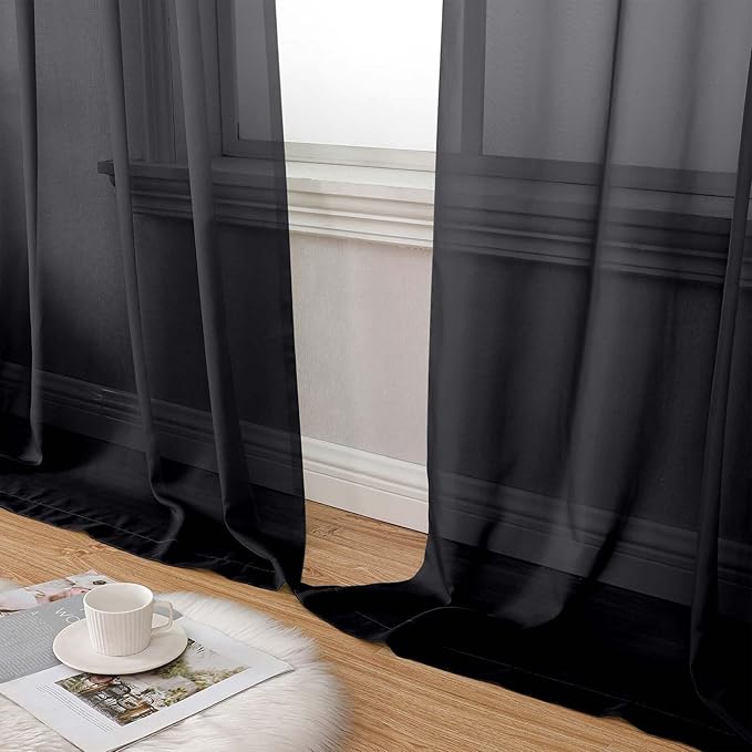 Black Sheer Curtains 84 Inches Long 2 Panels Set for Bedroom Living Room, Soft Airy Light Filtering Modern Solid Rod Pocket Drapes Window Treatments, Black, Each 59" W x 84" L