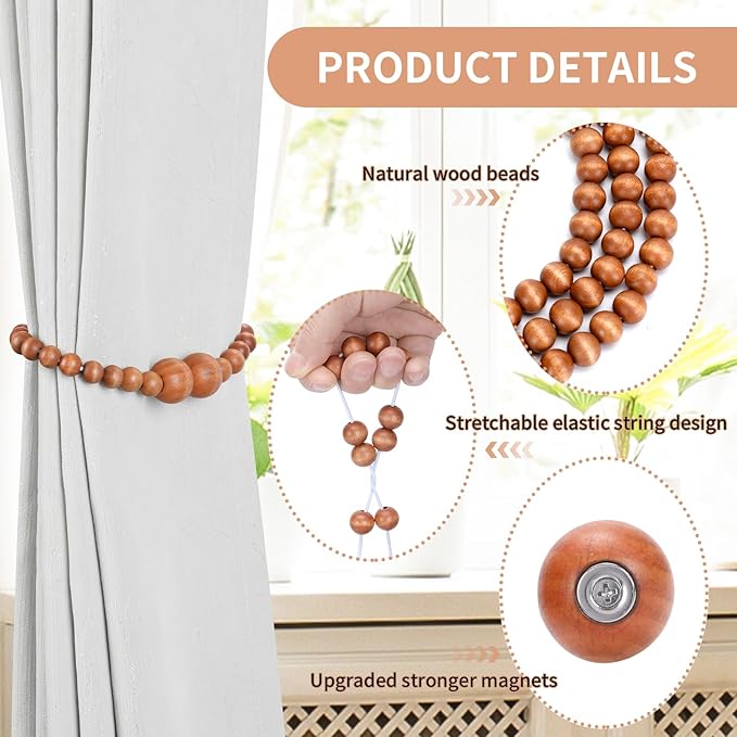 Magnetic Curtain Tiebacks, 2 Pack Curtain Holdbacks for Draperies, Wood Bead Curtain Tiebacks, Curtain Tie Backs for Bedroom Decor, Boho Room Decor, Nursery Decor, Farmhouse Decor, Office Decor