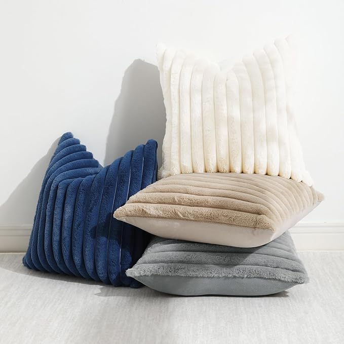 decorUhome Cozy Faux Fur Throw Pillow Covers 18x18 Set of 2 Decorative Soft Plush Striped Modern Farmhouse Boho Couch Pillow Cases with Velvet Back for Sofa Bed Living Room, Blue