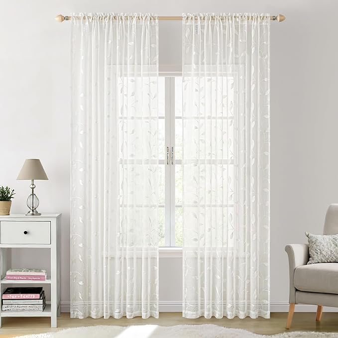 MIULEE Ivory Sheer Curtains 2 Panels Embroidered Leaf Patterned Rod Pocket Floral Semi Sheer Faux Linen Window Curtains Drapes Set for Living Room Bedroom Dining Room, 52x84 Inches Long