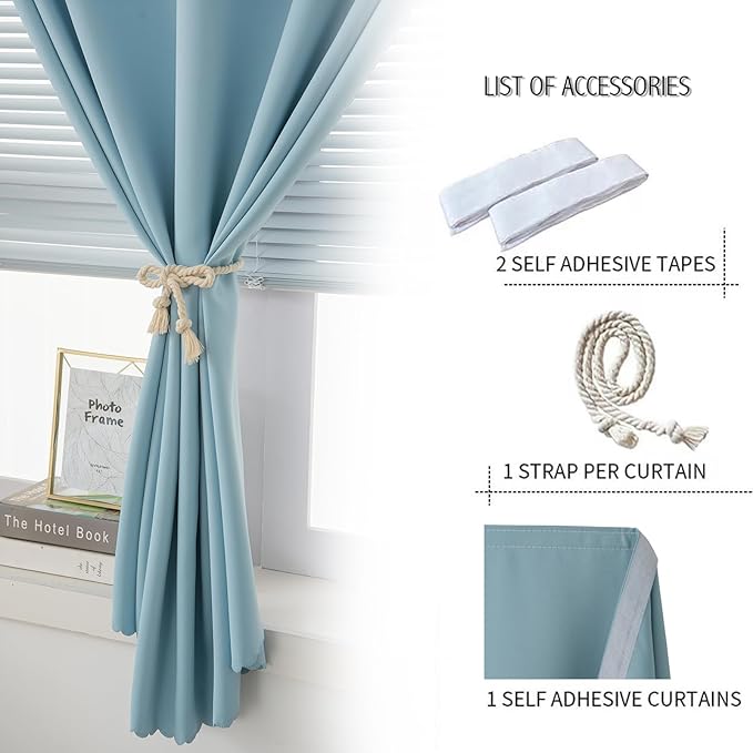 Self Adhesive Curtains, Black Out Shade for Window, Blackout Fabric Temporary Window Coverings Easy to Hang Curtains No Rod Needed, Use for Bedroom, Room, Kitchen, 59"W X 84"L, Lake Blue, 1 Panel