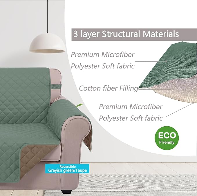 U-NICE HOME Reversible Oversized Chair Covers Quilted Water Repellent Pet Protectors with Elastic Straps(28''Armchair, Greyish Green/Taupe)