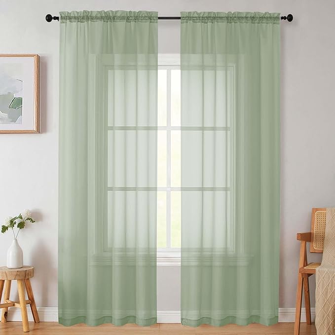 Sage Green Sheer Curtains for Bedroom Living Room 90 Inches Long 2 Panels Set, Soft Airy Light Filtering Sheer Window Treatments, Modern Rod Pocket Curtains Drapes, Each 42" Wx90 L Inch