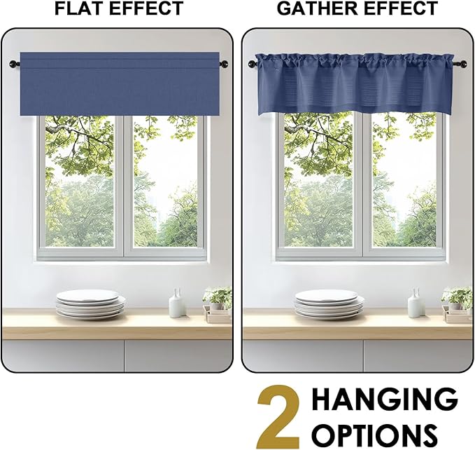 OWENIE Bob 1 PCS Blue Valances for Windows, Faux Linen Textured Kitchen Window Curtains Valance for Bedroom Living Room, Modern Soft Airy Solid Rod Pocket Bathroom Cafe Curtain, 60Wx20L Inch