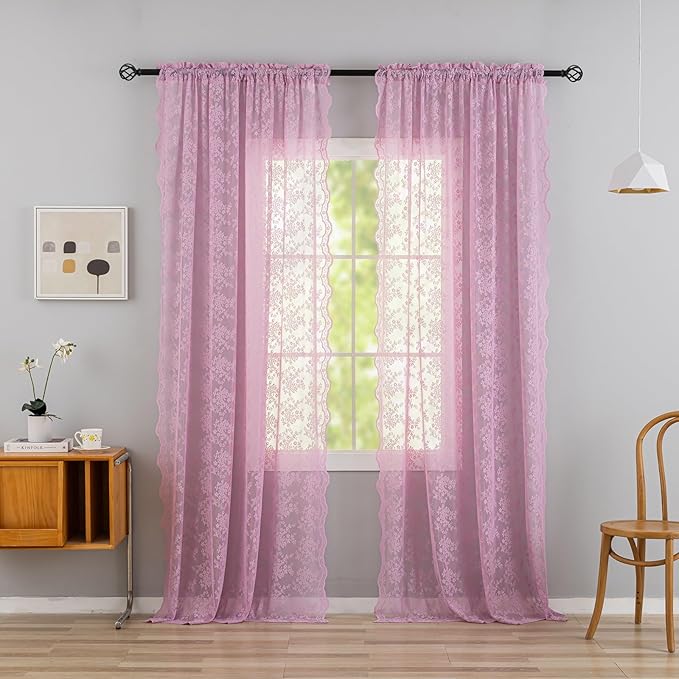 YJ YANJUN Vintage Lace Curtains 96 Inches Long-Victorian Floral Pattern Lilac Sheer Curtain Panels for Living Room Bedroom,Light Filtering, Cute Girls Drapes 2 Panels 52W x 96L Purple Blush