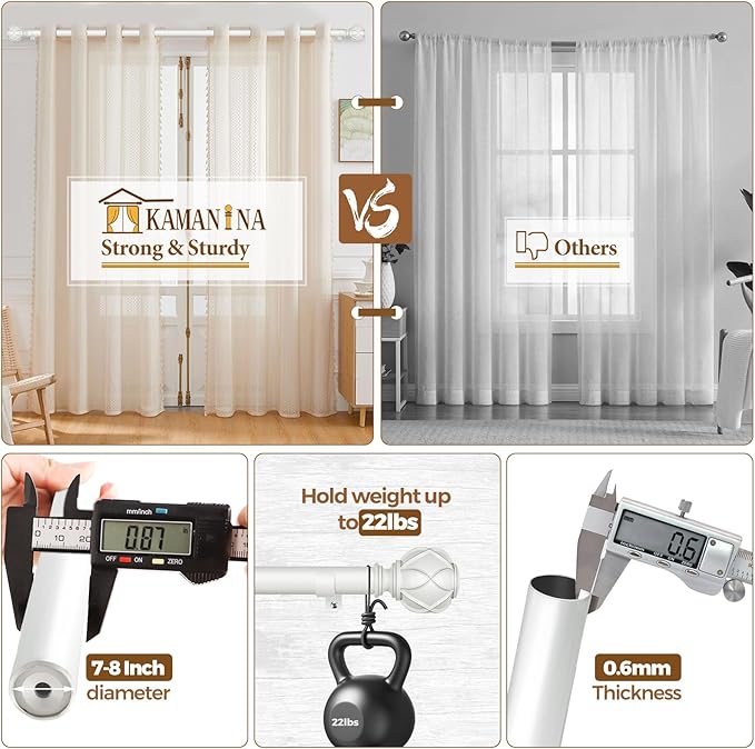 KAMANINA Curtain Rod 32 to 58 Inch(2.6-4.8Ft), Heavy Duty White Curtain Rods for Windows, 7/8 Inch Single Drapery Rod Adjustable, Decorative Netted Texture End