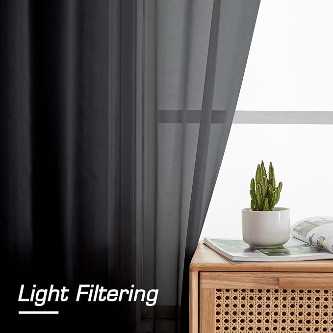 Aiyufeng Sheer Black Curtains 120 Inches Long, Extra Long Rod Pocket Solid Color Window Sheer Curtain Panels, Elegant Curtains & Drapes for Living Room, Bedroom 2 Panels (Black, 59" W x 120" L)